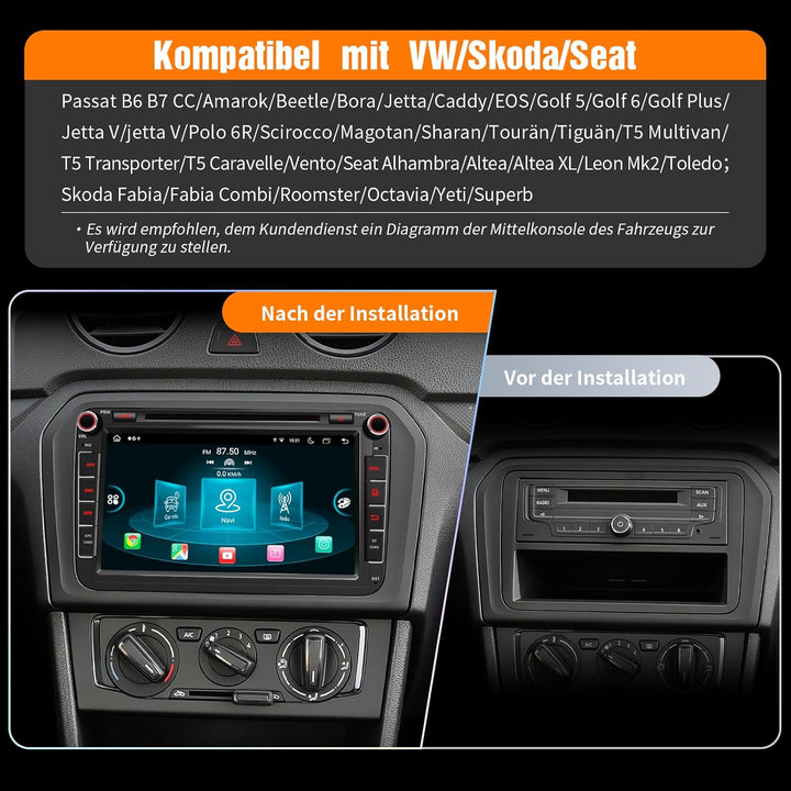8,8’’ DVD Android 13 Autoradio für Golf 5/6, VW T5, Polo 6R, 4GB+64GB, kabelloses CarPlay, Android A