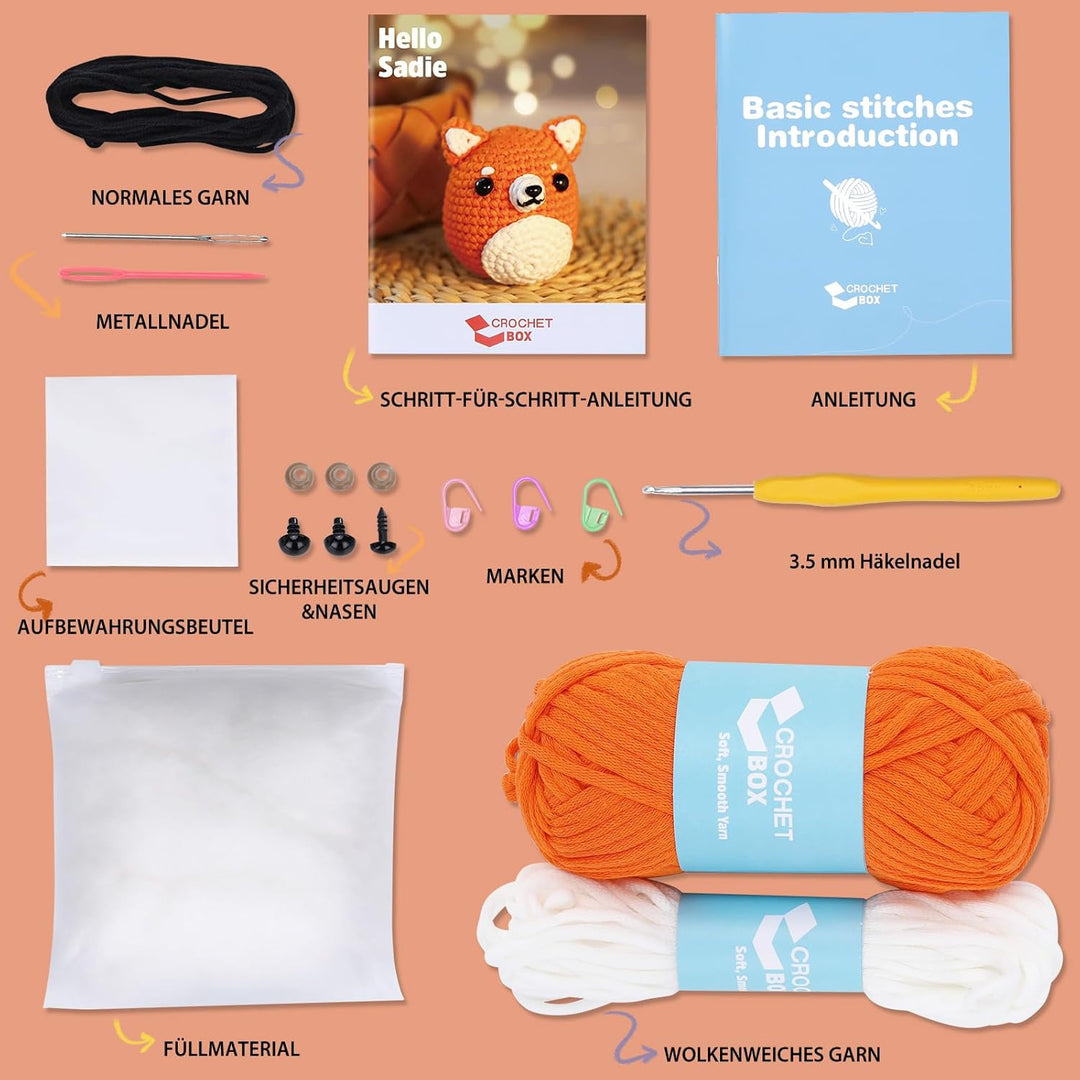 CrochetBox Komplettes Häkelset für Anfänger, Shiba Inu Häkelset, Video-Tutorial einbeziehen, Anleitu