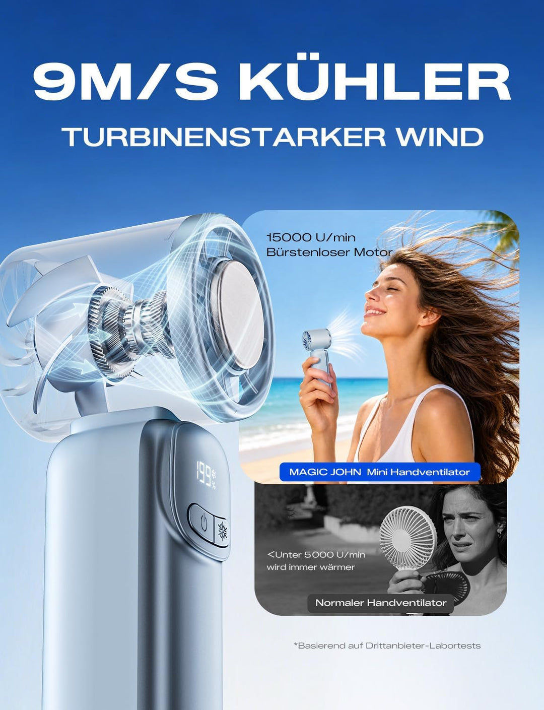 MAGIC JOHN Mini Handventilator mit Kühlung, 199 Lüfterstufen, bis zu 11h Laufzeit, USB-C Akku auflad