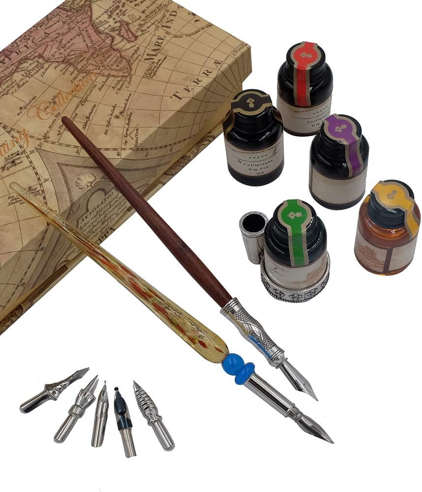 GC QUILL Kalligraphie Stifte Set Schönschreibfüller Holzstift und Glasstift mit 5 extra Federn 5 Far