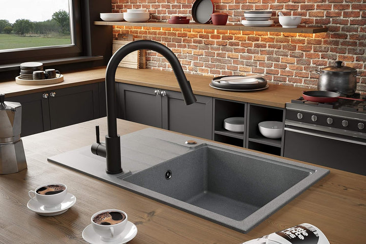 VBChome Spüle mit Armatur 52 x 50 cm Beige Tiefes Becken Küche Einbauspüle Verbundspüle Küchenspüle