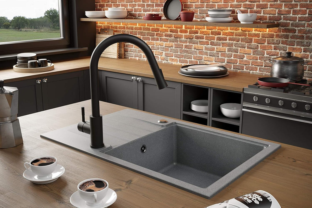 VBChome Spüle mit Armatur 78 x 50 cm Tiefes Becken 20cm Schwarz Küche Grosse Abtropfflache Unterschr