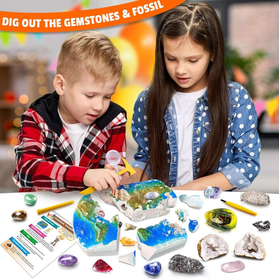 UNGLINGA Edelstein-Ausgrabungsset für Kinder, Jungen & Mädchen – Geburtstagsgeschenk-Idee mit 15 ech