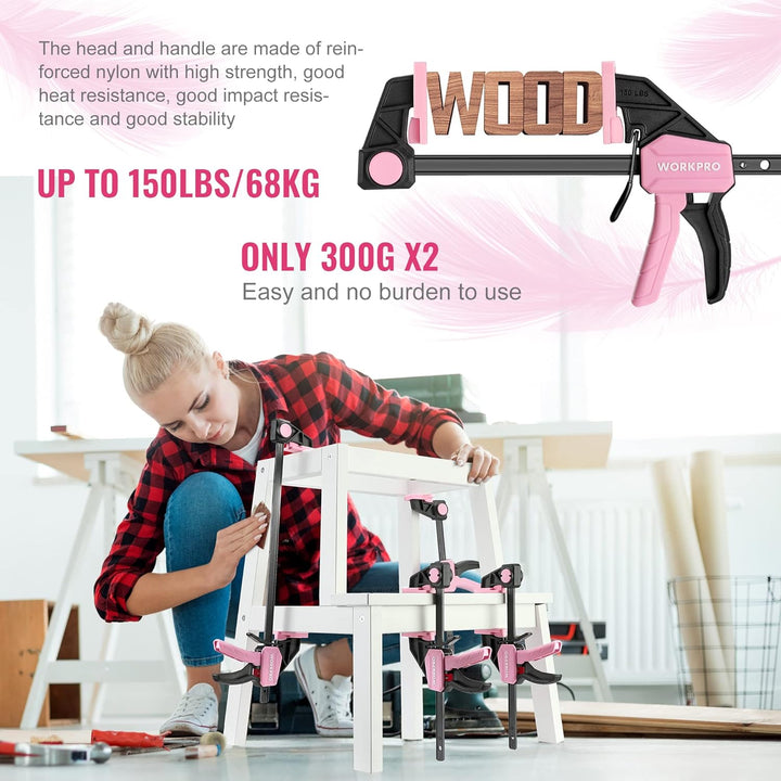 WORKPRO Rosa Einhandzwingen Set 2 Stück Schraubzwingen Spanner, Spannweite 150 mm Dehnbereich 135mm