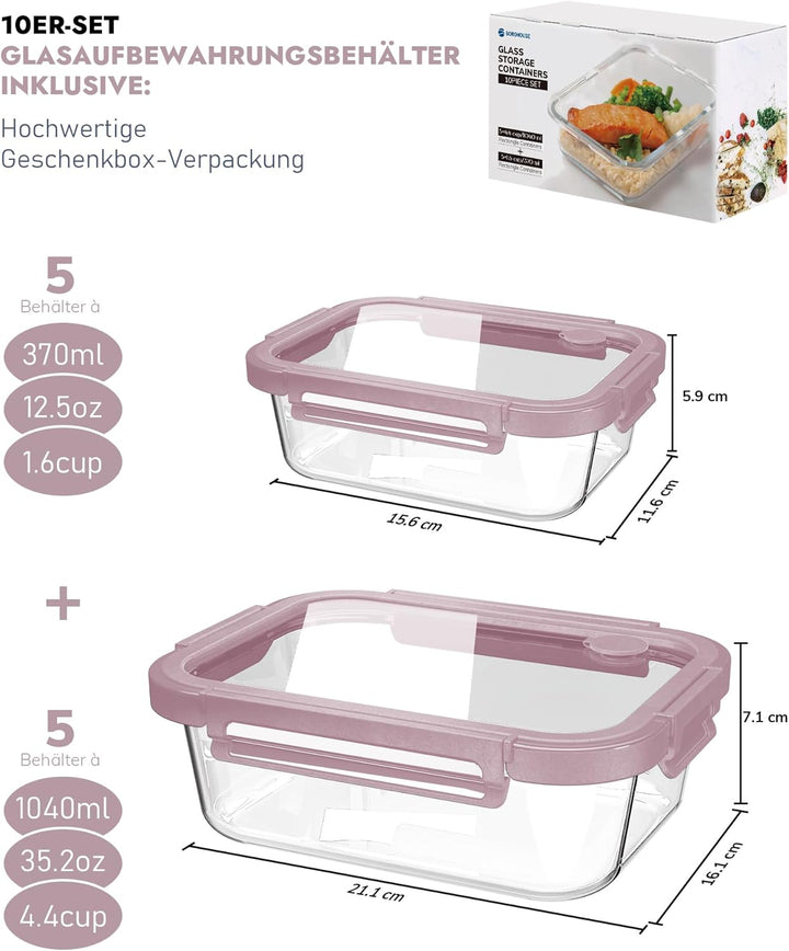 Glasbehälter mit Deckel, 10Stück – Luftdichte Frischhaltedosen für Meal Prep, Vorratsdosen für Küche