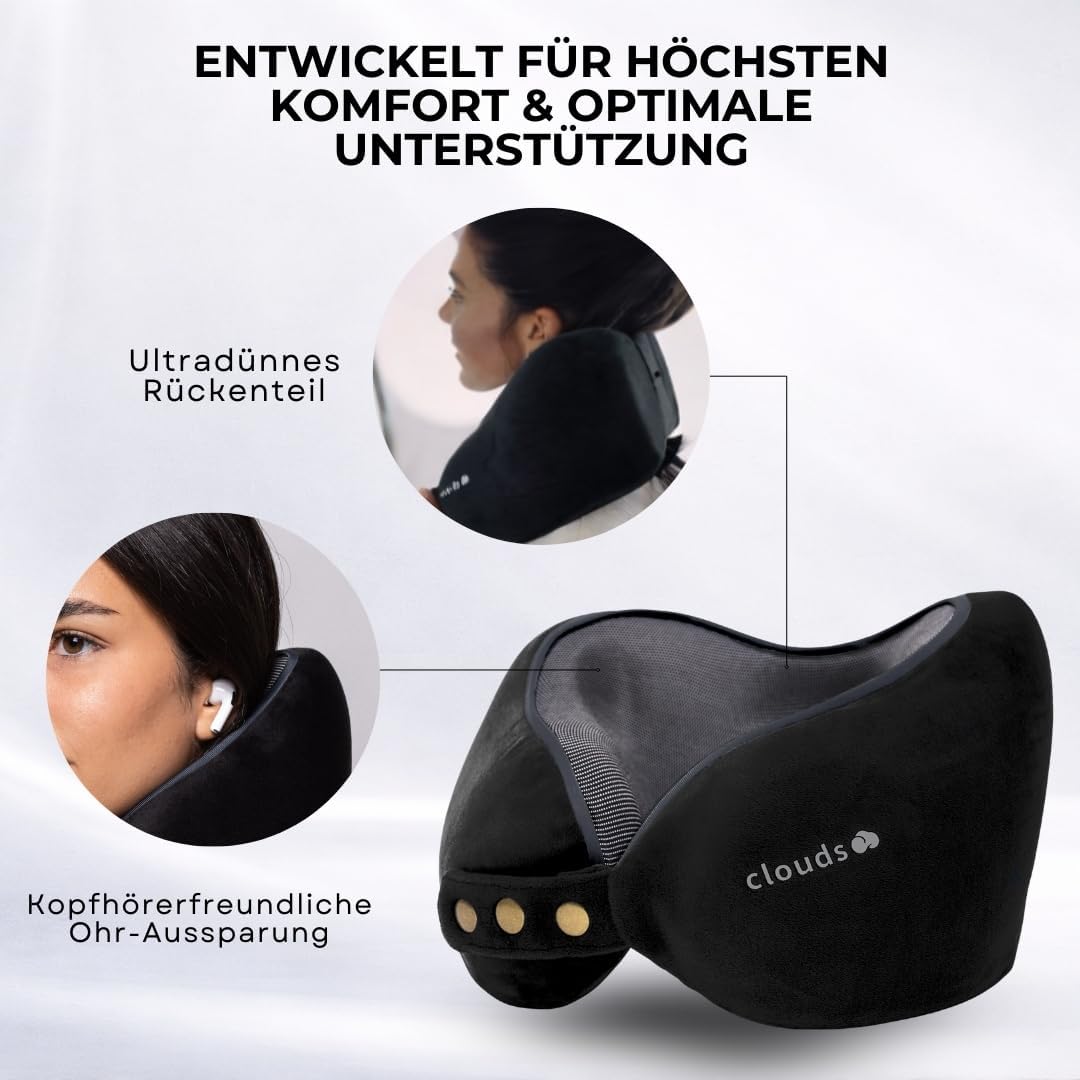 CLOUDS Nackenkissen Flugzeug & Auto – Einstellbares Memory Foam Reisekissen in 2 Grössen für Erwachs