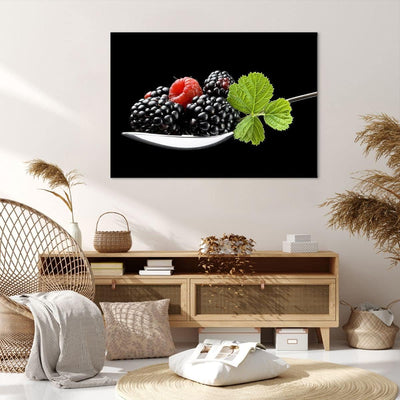 Bilder auf Leinwand 100x70cm Leinwandbild Löffel Himbeere Brombeere Frucht Gross Wanddeko Bild Schla