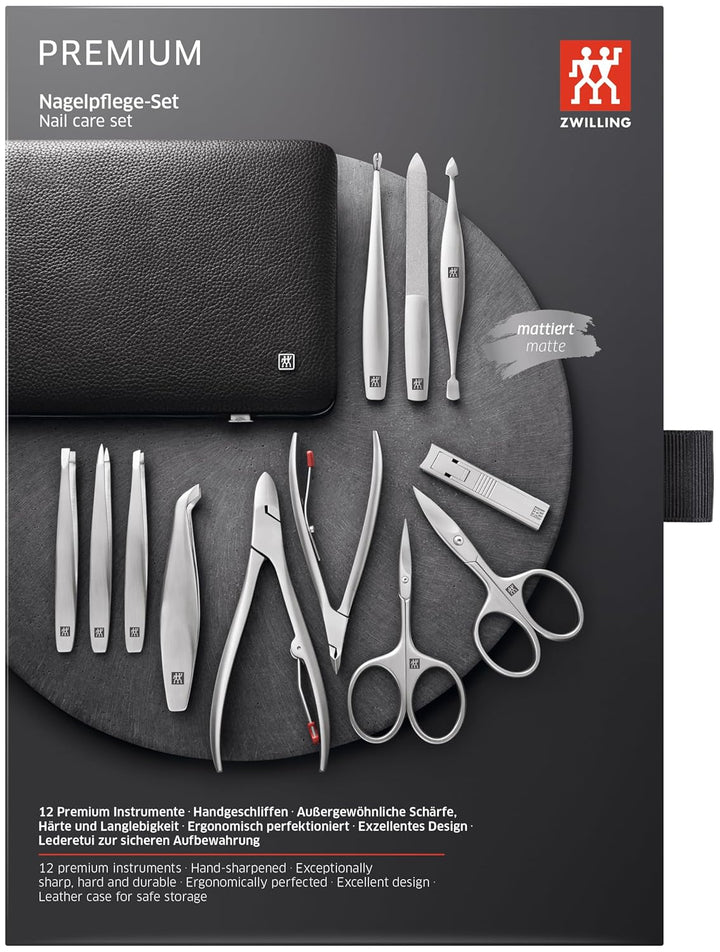 ZWILLING Maniküreset 12-teilig Nagelpflegeset aus Rindleder mit Reissverschluss, Premium, Schwarz