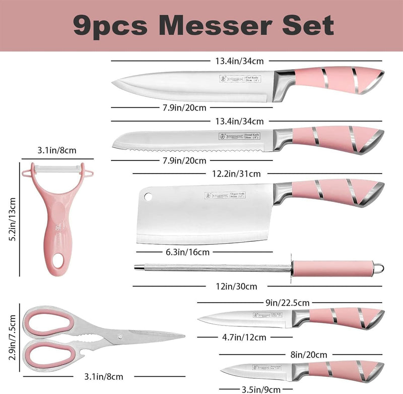 9-tlg Messerset mit Drehbare Acryl Messerblock, Rosa Sharp Antihaft Beschichtete Kochmesser Block Se