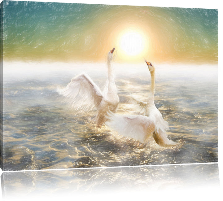 Pixxprint Schwäne im Meer als Leinwandbild/Grösse: 100x70 cm/Wandbild/Kunstdruck/fertig bespannt, 10