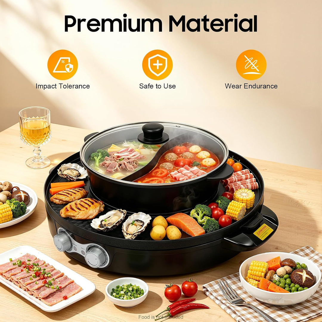 Elektrischer Hot Pot 2200W Grill+Kochtopf für Fondue &amp; BBQ 44cm, Suppentopf | 2200W, Antihaftbeschic