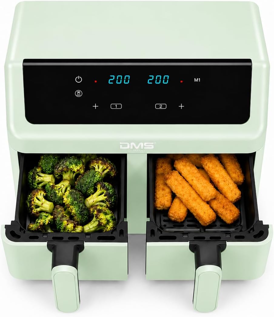 DMS® Doppelkammer Heissluftfritteuse 9L 2000W Air Fryer, Digitales Touch-Display, Dual Zone, 8 Autom