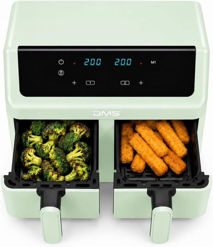 DMS® Doppelkammer Heissluftfritteuse 9L 2000W Air Fryer, Digitales Touch-Display, Dual Zone, 8 Autom