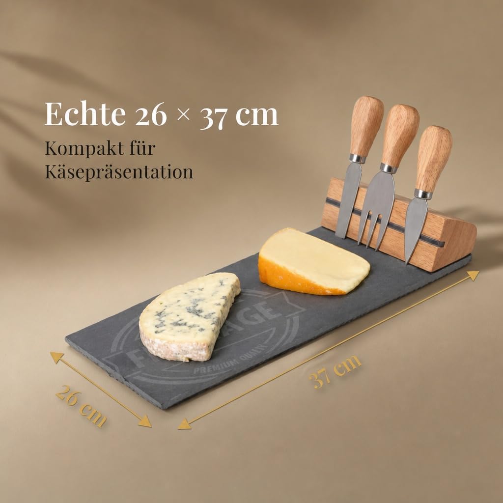 MIJOMA 4-TLG Set Holz-Käsebrett mit Käsemesser und Käsegabel, Käseplatte Käsebrettchen, 26 x 37 cm
