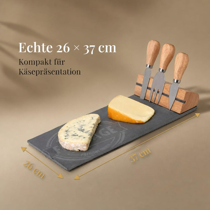 MIJOMA 4-TLG Set Holz-Käsebrett mit Käsemesser und Käsegabel, Käseplatte Käsebrettchen, 26 x 37 cm