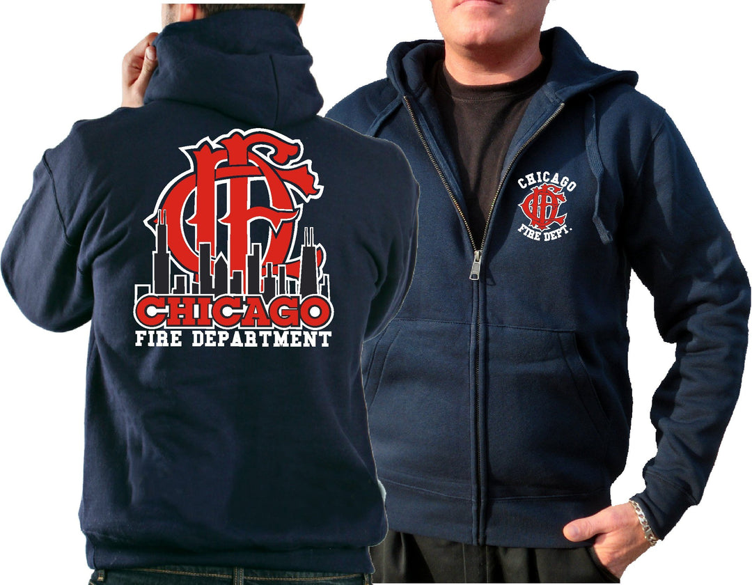 feuer1 Kapuzensweatjacke Navy, Chicago Fire Dept. Skyline/Emblem, M