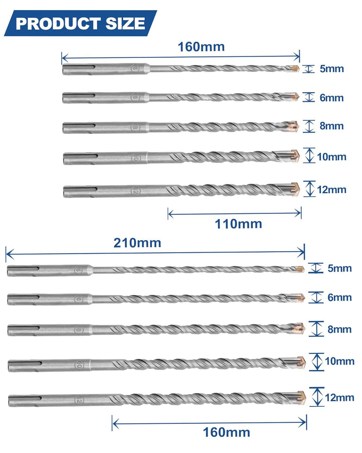HIGHDRIL Betonbohrer Set- 10-teilig 5-12mm (160mm/210mm Länge) Hammer-Bohrer-Set, SDS Plus Bohrer Se