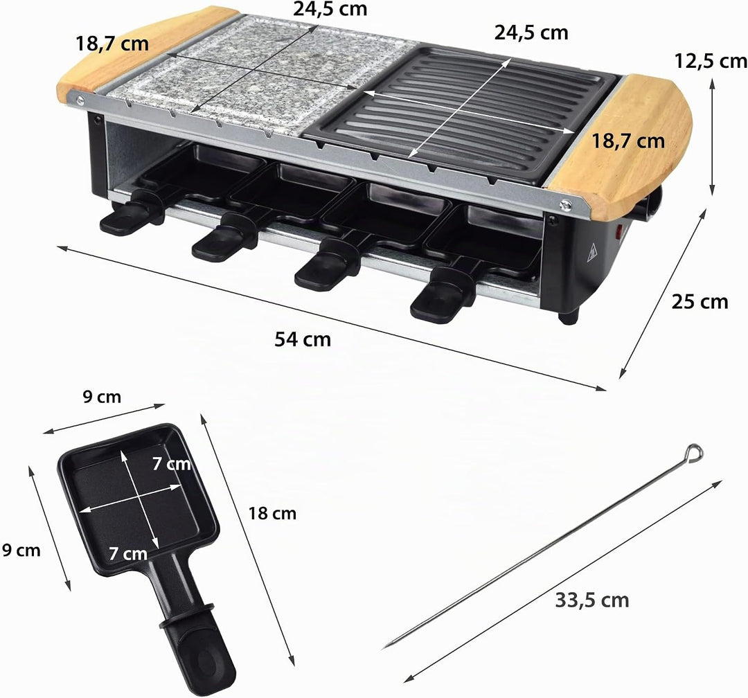 Syntrox Raclette Grill Urilas für 8 Personen, 1200W mit Naturstein und Grillplatte, 8 Antihaftbeschi