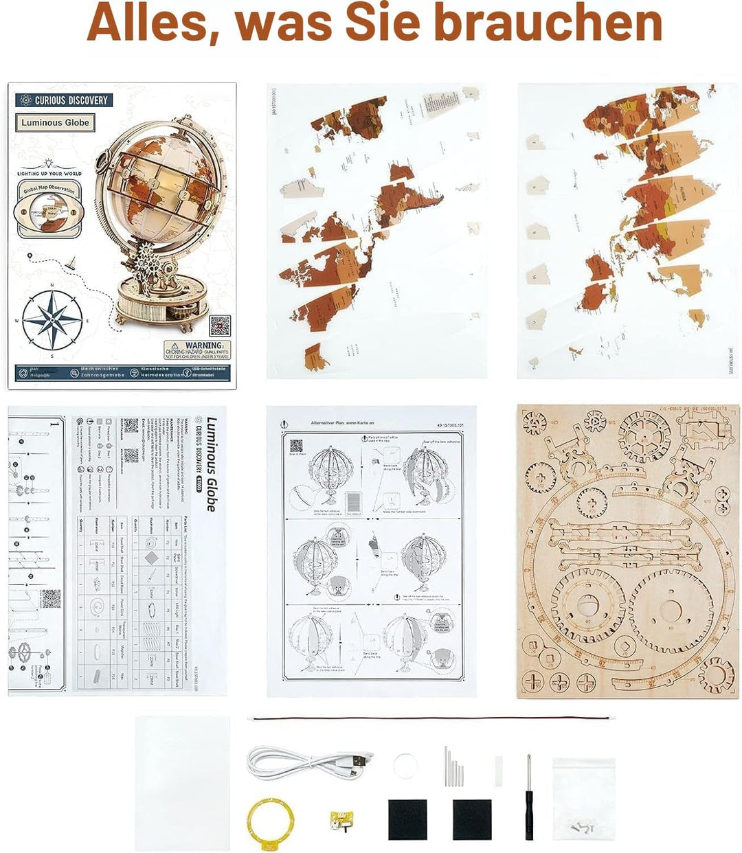 Robotime 3D Puzzle Holz fur Erwachsene Leuchtende Weltkugel Holzpuzzle Modellbausatz mit LED Licht D