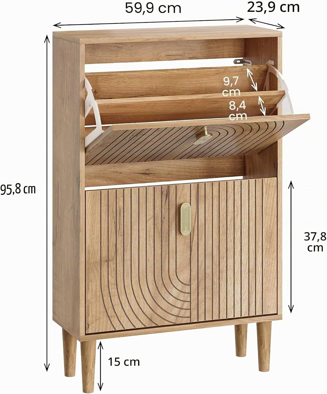 Smuxee Schuhschrank mit 2 Klappschubladen, 60 cm Eichen-Schuhaufbewahrungsschrank mit verstecktem De