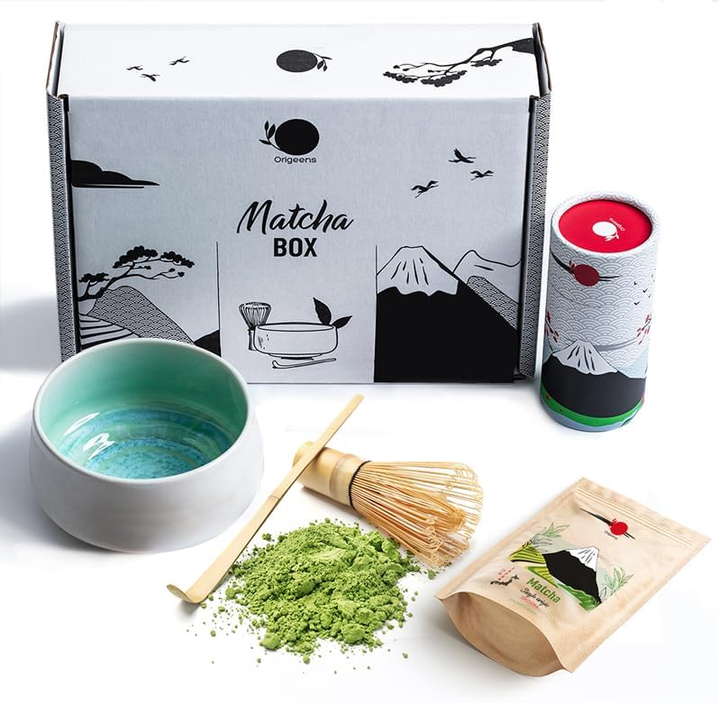 Origeens MATCHA TEE SET mit Matcha Besen, Matcha Schale aus Keramik, BIO Matcha Tee aus Japan | Hand