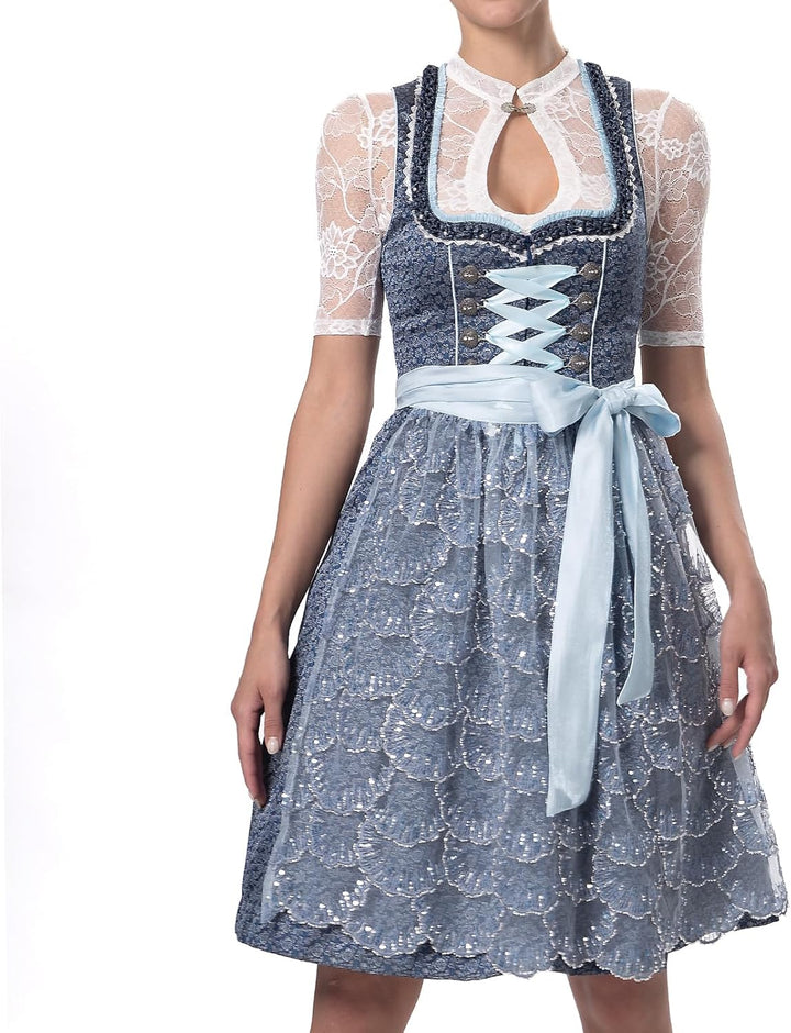 Dirndlparty Dirndl Blau, Damen Midi Mittellang Dirndl 60cm mit Rosenmuster und Pailletten Spitzensch