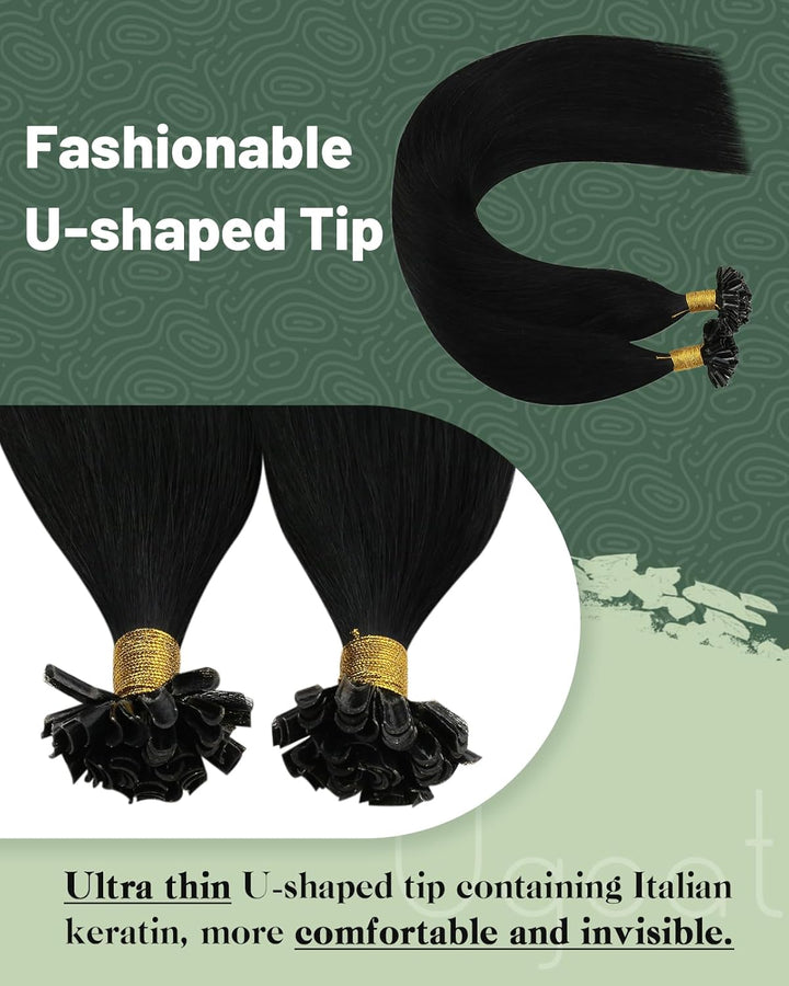 Ugeat 60cm Keratin Extensions Echthaar U Tip 1g/Strähnen Farbe 1B Naturliches Schwarz Bondings Echth