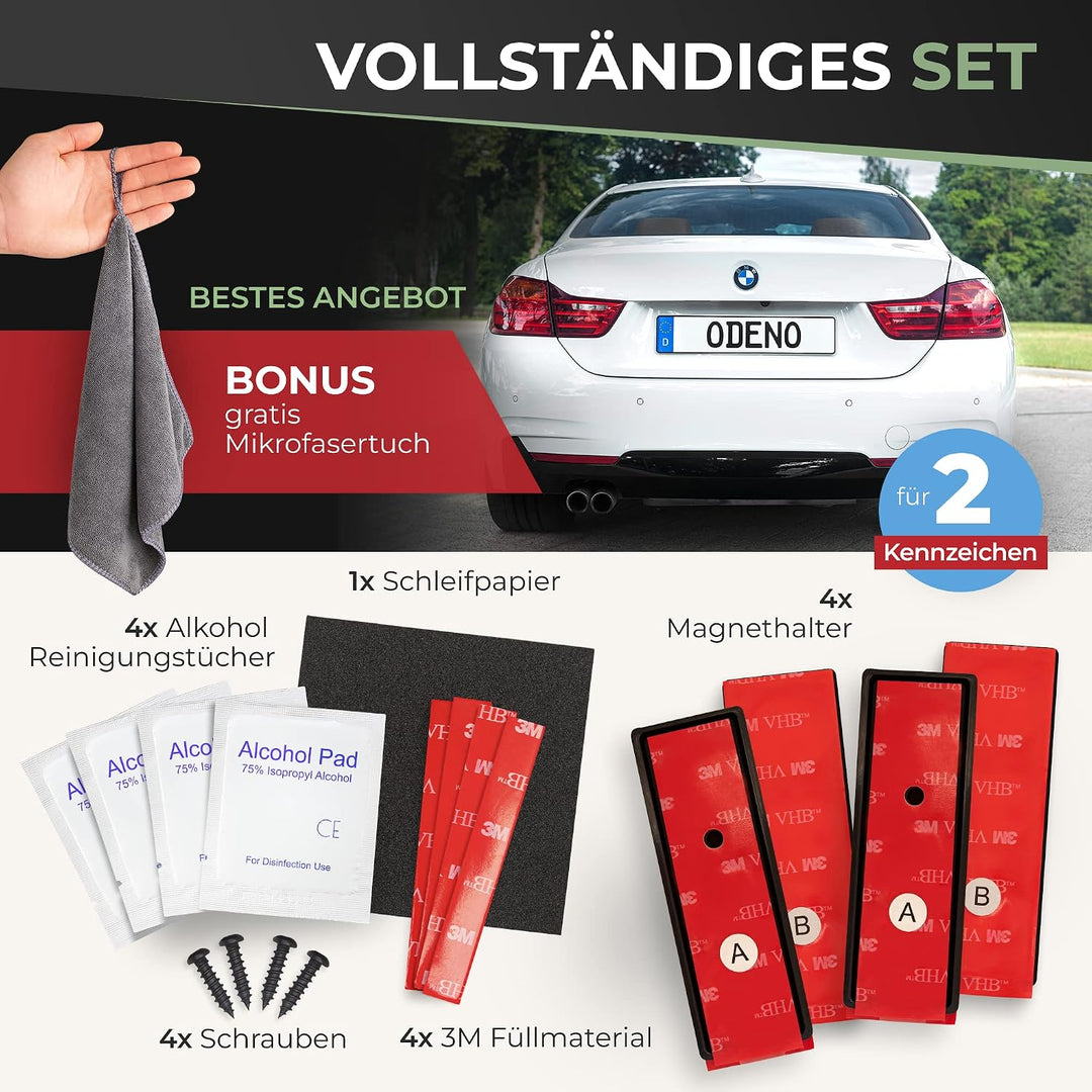 ODENO® Magnet Kennzeichenhalter im Set für 2 Kennzeichen - für jedes Kennzeichen und Auto - rahmenlo