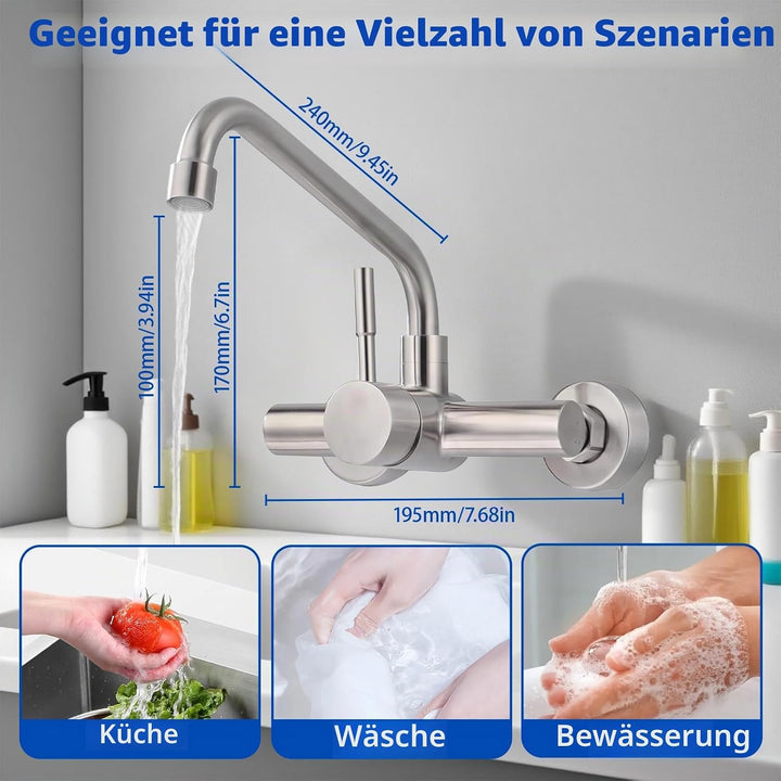 Wasserhahn Wandmontage, 360° Drehbare Wasserhahn Küche, Einhebelmischer aus Edelstahl 304, Kaltes un