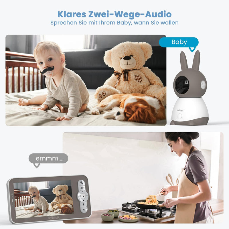 ieGeek Babyphone mit Kamera 2K/3MP, 5 Zoll WLAN Video babyfone PTZ 355°, IR-Nachtsicht, Automatische