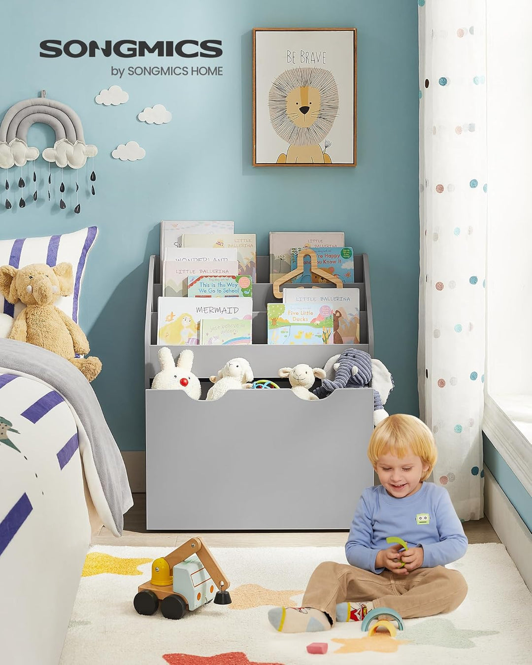 SONGMICS Bücherregal Kinder, Kinderregal, Spielzeugregal, mit 3 Regalebenen, Aufbewahrungsbox auf Ro