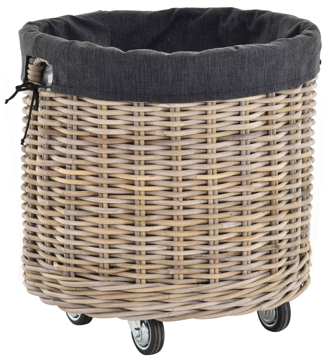 Grosser Rollkorb mit Griffen/Holzkorb mit Rollen aus grauem Natur Rattan/Aufbewahrung Holz-Wagen Räd