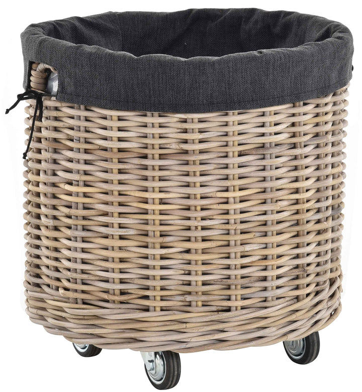 Grosser Rollkorb mit Griffen/Holzkorb mit Rollen aus grauem Natur Rattan/Aufbewahrung Holz-Wagen Räd