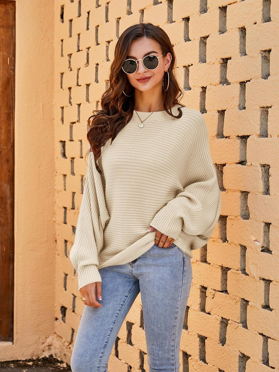 Fessceruna Damen Pullover Oversize Fledermausärmel Strickpullover Winter Rundhals Pulli Geripptes Sw