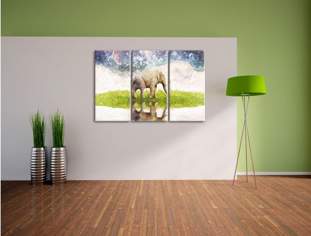 Pixxprint Elefant am Wasser / 3-Teilig/Gesamtmass 120cm Leinwandbild bespannt auf Holzrahmen/Wandbil