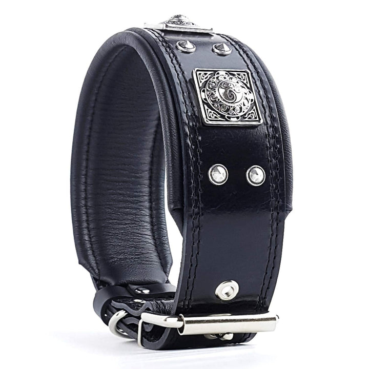 Bestia® EROS Lederhalsband für grosse Hunderassen mit Altsilber Dekoration und weicher Innerpolsteru