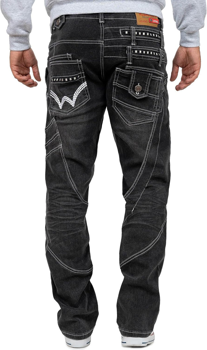 Herren Jeans – Extravagante Designer-Jeans mit Patchwork, Nieten & Kontrastnähten – Regular Fit, Den