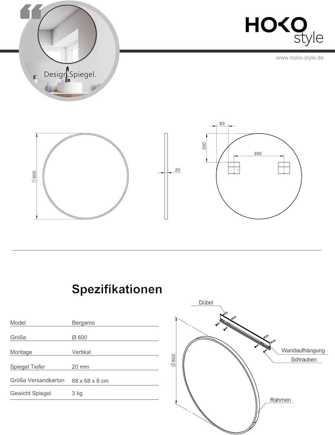 HOKO® Design Wandspiegel rund 60 cm mit Metall Rahmen Matt Schwarz. Runder Design Spiegel für Bad, F