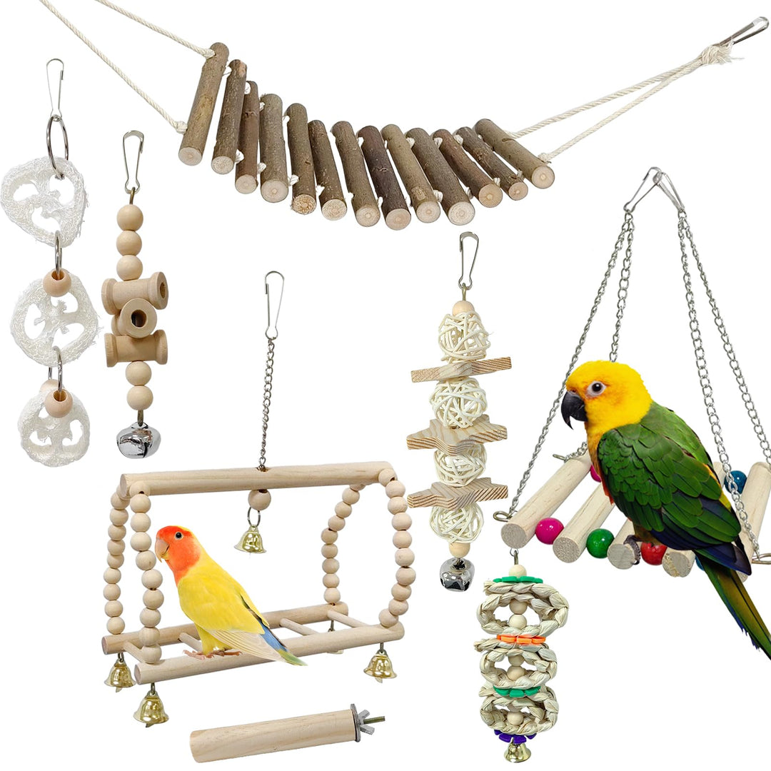 8er-Pack Holz-Vogelspielzeug, Papageien-Kaukau-Schaukel-Hängematte-Leiter mit Glocke, zum Aufhängen,