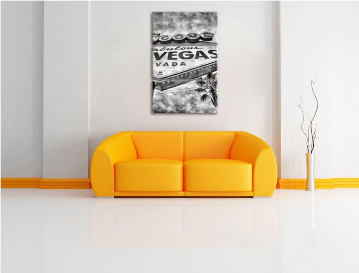 Pixxprint Monocrome, Las Vegas Ortseingangsschild im Retro Look 3-Teiler Leinwandbild 120x80 Bild au