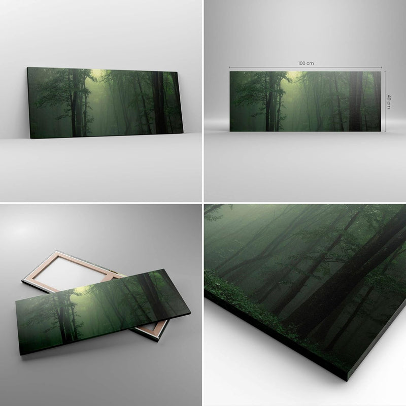 Panorama Bilder auf Leinwand 100x40cm Leinwandbild mit Rahmen Wald Nebel Baum Gross Wanddeko Bild Sc