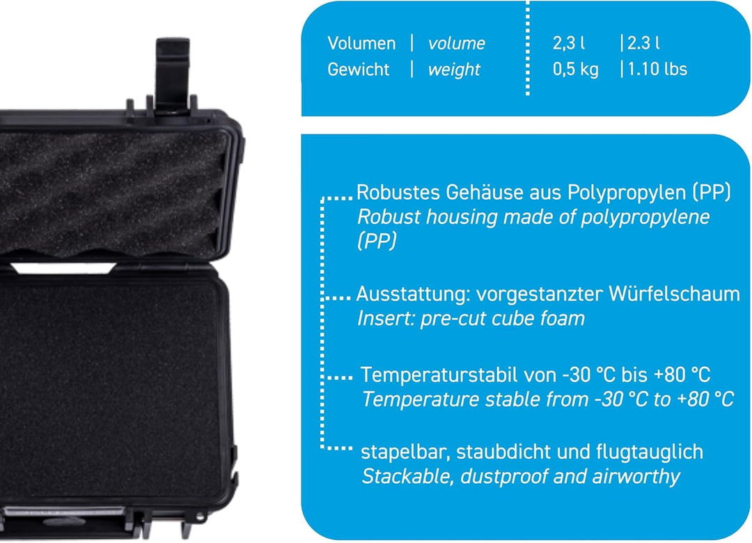 B&W Transportkoffer Outdoor Typ 500 gelb mit Würfelschaum Schwarz Typ 500 - Innenmass 20x14x8cm, Sch