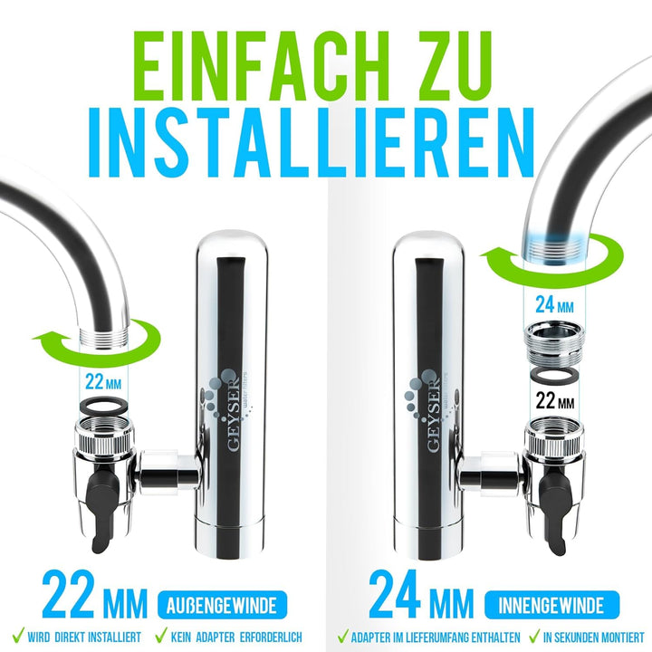 GEYSER EURO Wasserfilter für Wasserhahn Küche Armatur, für Leitungswasser mit Karutschen aus einziga
