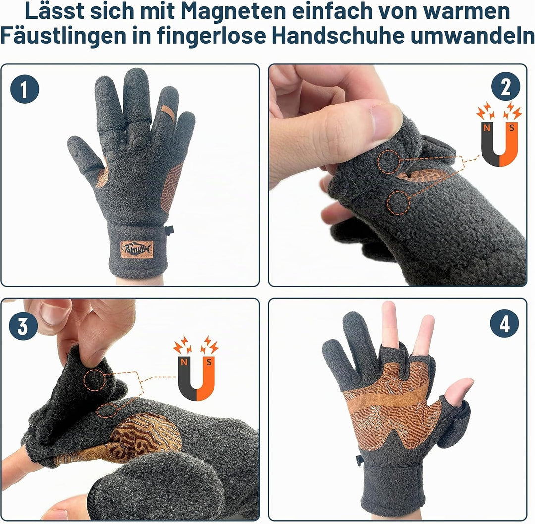 Palmyth Magnetische Fleece-Angelhandschuhe, wandelbar, 3 Finger, Eisangeln, warm für kaltes Wetter u