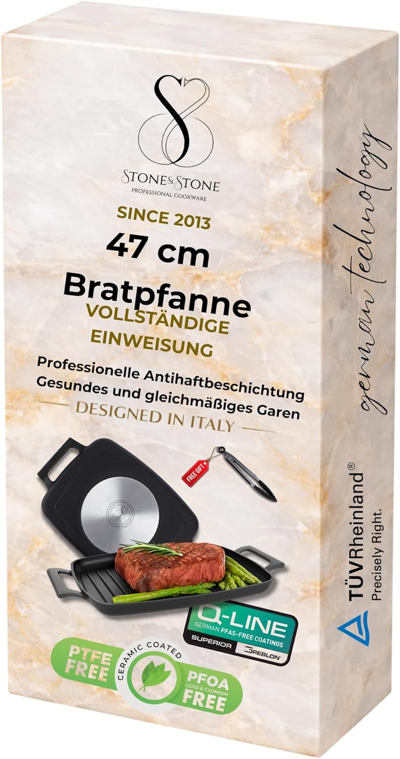 Stone&amp;Stone Rechteckige Grillpfanne, 47 cm, Steinbeschichtung, professioneller Induktionsgrill mit S