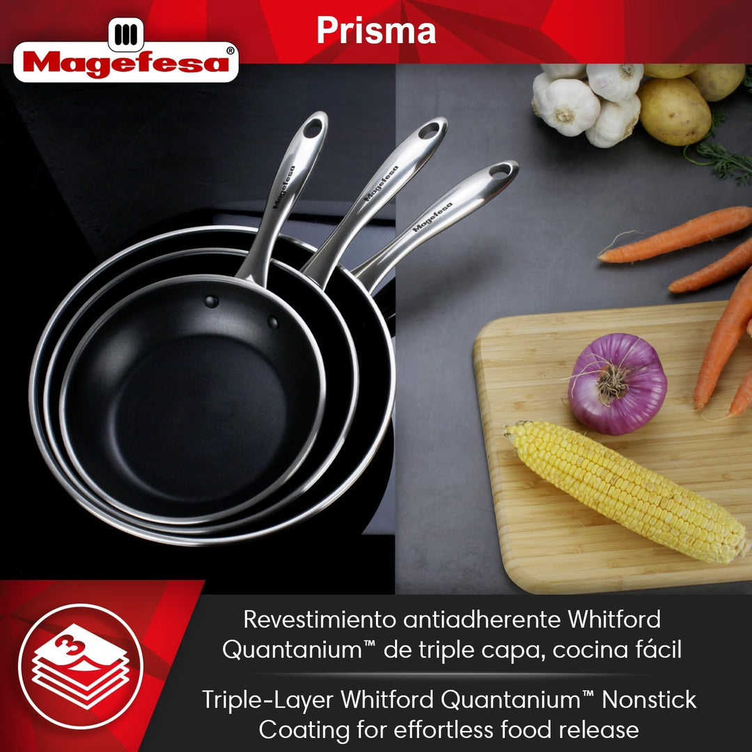 Magefesa Prisma – Pfannenset 24 + 28 cm + Frischhaltedose 24,5 cm, Edelstahl 18/10, Dreifach-Antihaf