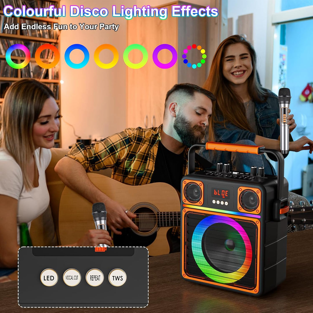 Karaoke Maschine mit 2 Mikrofone, GuKKK Tragbaren Bluetooth Lautsprecher Box und DJ-Lichtern für Erw