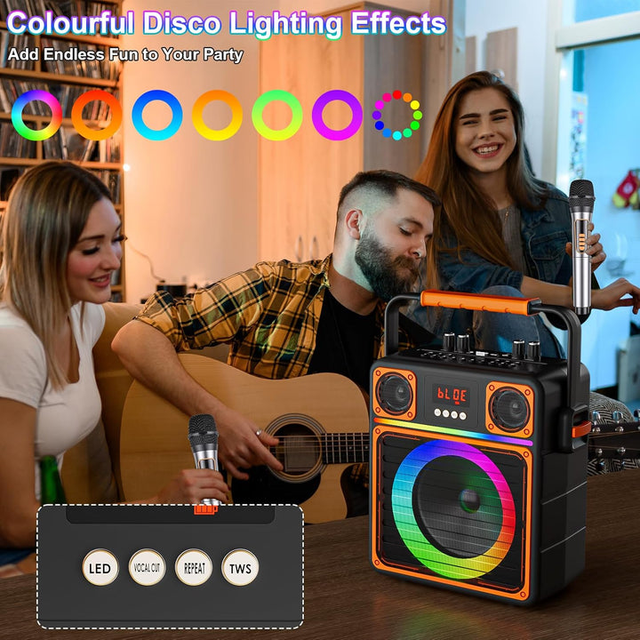 Karaoke Maschine mit 2 Mikrofone, GuKKK Tragbaren Bluetooth Lautsprecher Box und DJ-Lichtern für Erw