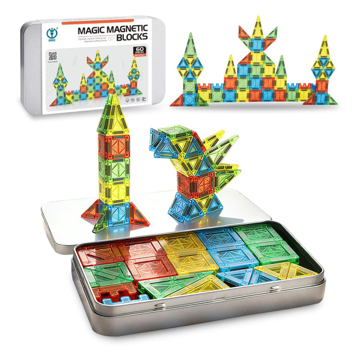 Magnetische Fliesen，60 Pcs Mini Magnetische Bausteine Reiseset, Magnet Fliesen Bauspielzeug Spielzeu