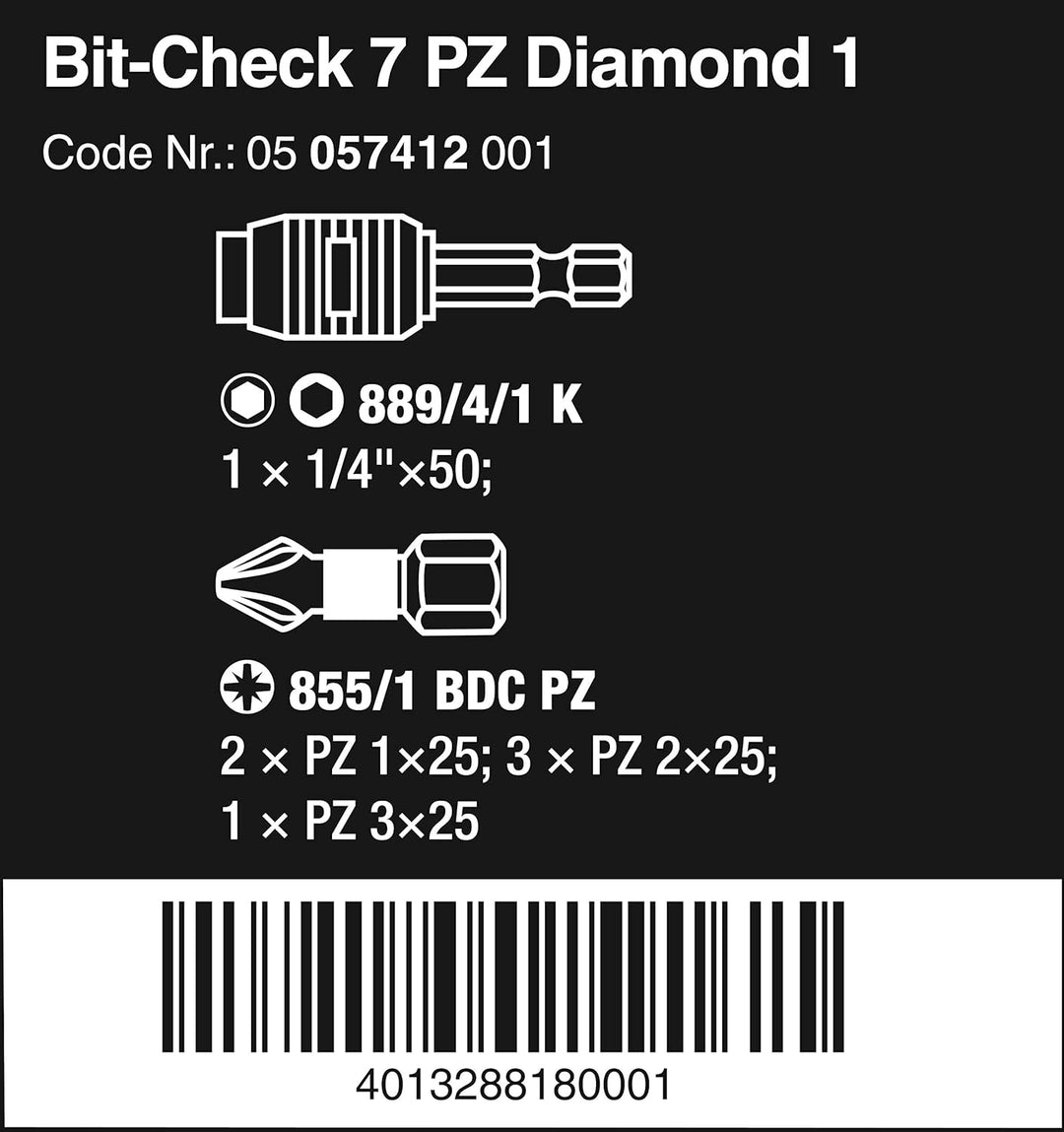 Wera Bit-Sortiment, Bit-Check 7 PZ Diamond 1, 7-teilig, 05057412001 Bit-Check 7 PZ Diamond 2 Single,
